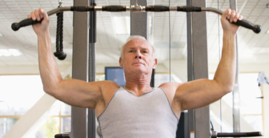 Elderly strength training and weightlifting.